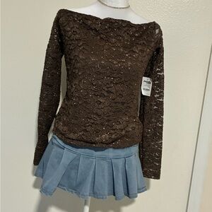 Brown Lace Glimmery Long Sleeve Top Y2K 🐻🤎✨